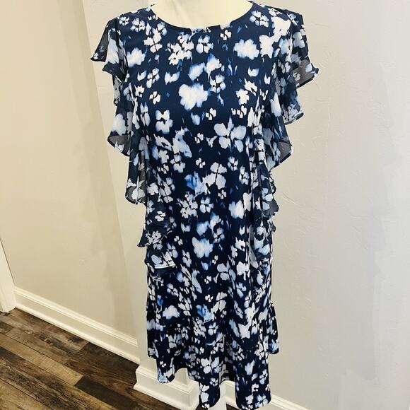 MICHAEL KORS Navy White Floral Print Ruffle Short Sleeve Midi Dress L (A0131) - Picture 1 of 6